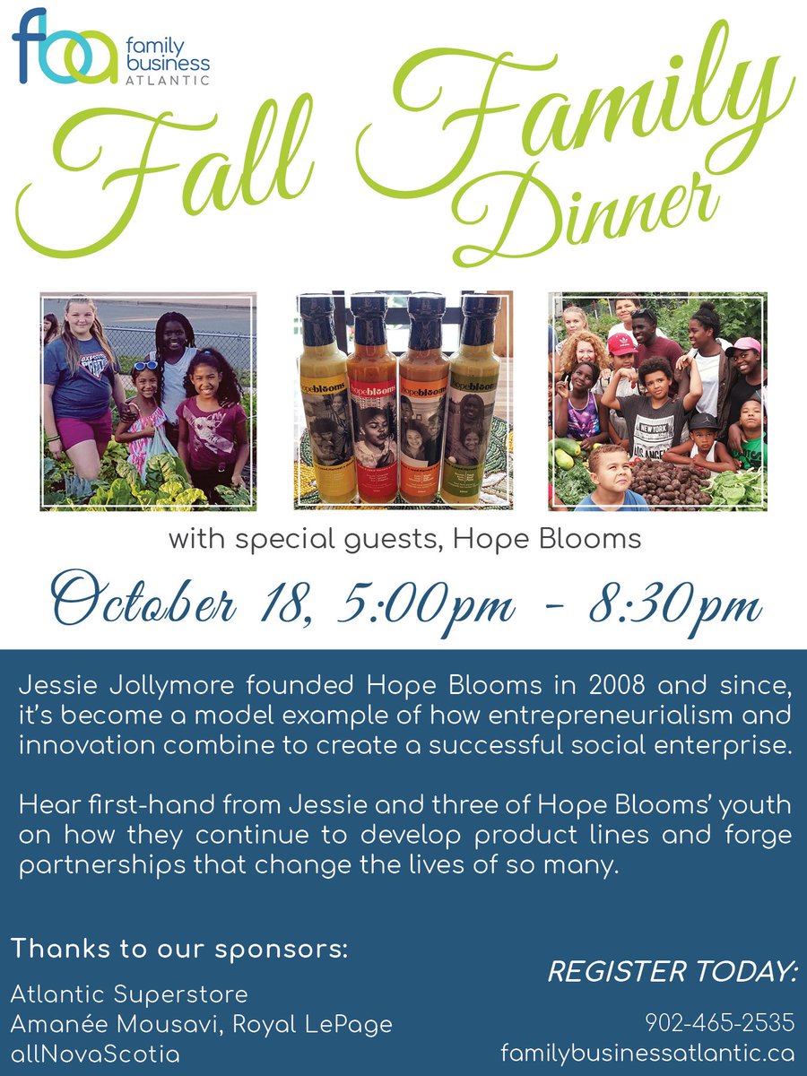 FamBizAtlantic's tweet photo. Coming up on Oct. 18 - Jessie Jollymore of @hopebloomshfx joins us for an evening of inspiration and celebration!
#halifaxevents #localhalifax #supportlocal #socialenterprise #growyourown #familybusiness https://t.co/Eozyce7EEW