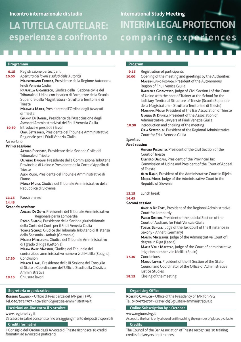 PierpaoloRizzi's tweet photo. "LA TUTELA CAUTELARE: esperienze a confronto" martedì 16 ottobre 2018, ore 10.00, a #Trieste Salone di Rappresentanza del Palazzo della #RegioneFvgit #amministrativistifvg @AvvocatiUna
@AleCapu82 Iscrizioni: https://t.co/0NHr8SfAWY https://t.co/RB6aaggVSR