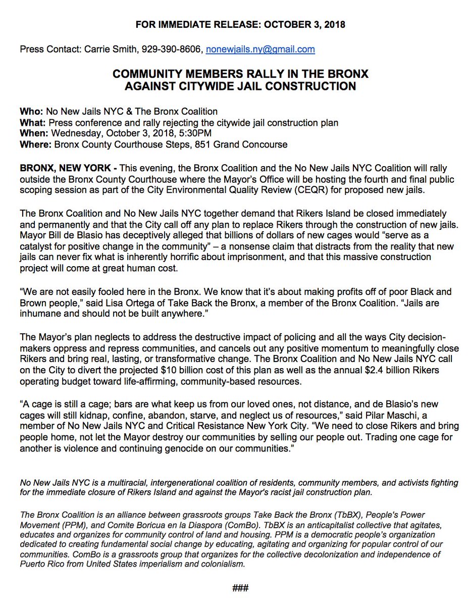 ‼️For Immediate Release‼️
TONIGHT | 5:30 pm | Bronx County Courthouse, 851 Grand Concourse

#NoNewJailsNYC &amp; The Bronx Coalition Press Conference &amp; Rally 
✊Community Members Unite Against Citywide Jail Construction✊