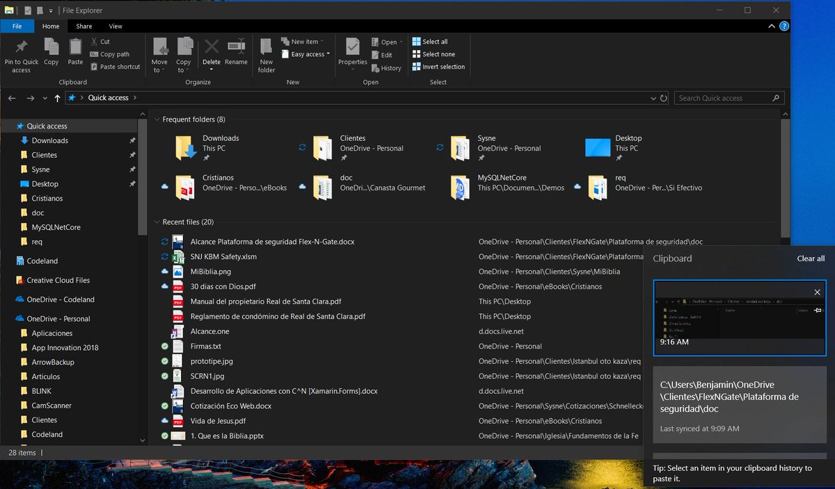 BRomeroT's tweet image. Estrenando el nuevo #windows10octoberupdate 

Con el File Explorer dark mode, multiclipboard, new snippet y más 😎