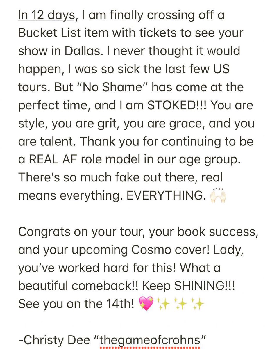 miss_chicks's tweet photo. My Letter To #LilyAllen... Due to Crohn’s, I’ve had to wait YEARS to see her live!! Now it’s happening! @lilyallen see you in Dallas! 🎶💖 #bucketlist IG: The Game of Crohns https://t.co/iblfV3VIKf