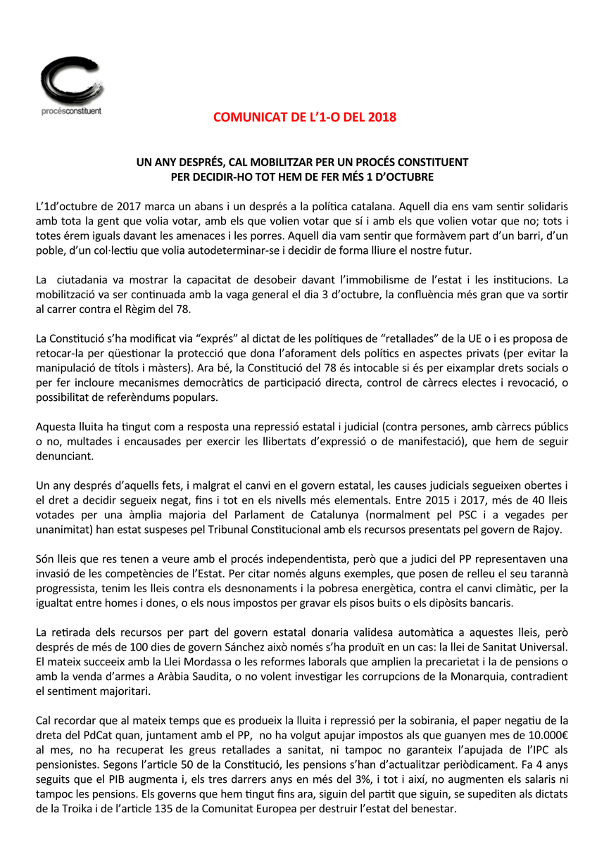 ProcesConst's tweet photo. Comunicat de l'1-O del 2018 -  Un any després, cal mobilitzar per un #ProcésConstituentPer decidir-ho tot hem de fer més 1 d'octubre.#Femproces #FemRepublicaGrup Promotor del Procés Constituent -Barcelona, 29 de setembre del 2018 https://t.co/0e71ktTMXI