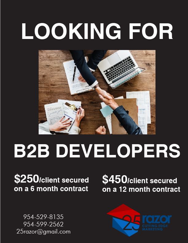 Attention #BusinessDevelopers in the #Miami #WestPalmBeach &amp; #FortLauderdale areas 25razor is growing rapidly. We are looking for driven individuals with a desire to make an impact!

Contact us today for information.

#Broward #MiamiDade #Sales