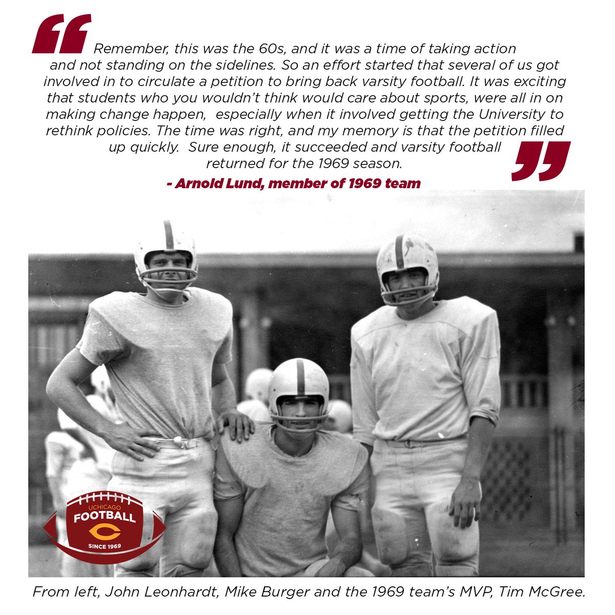 uchicagoath's tweet image. #50YearsofMaroonFootball: This month we're celebrating 50 years of @UChicagoFB in the Modern Era since the sport's return to varsity status in 1969. Keep an eye out for posts throughout the next 3 weeks, culminating with our Oct. 27 homecoming game 🏈#MaroonMade #d3fb @UChicago