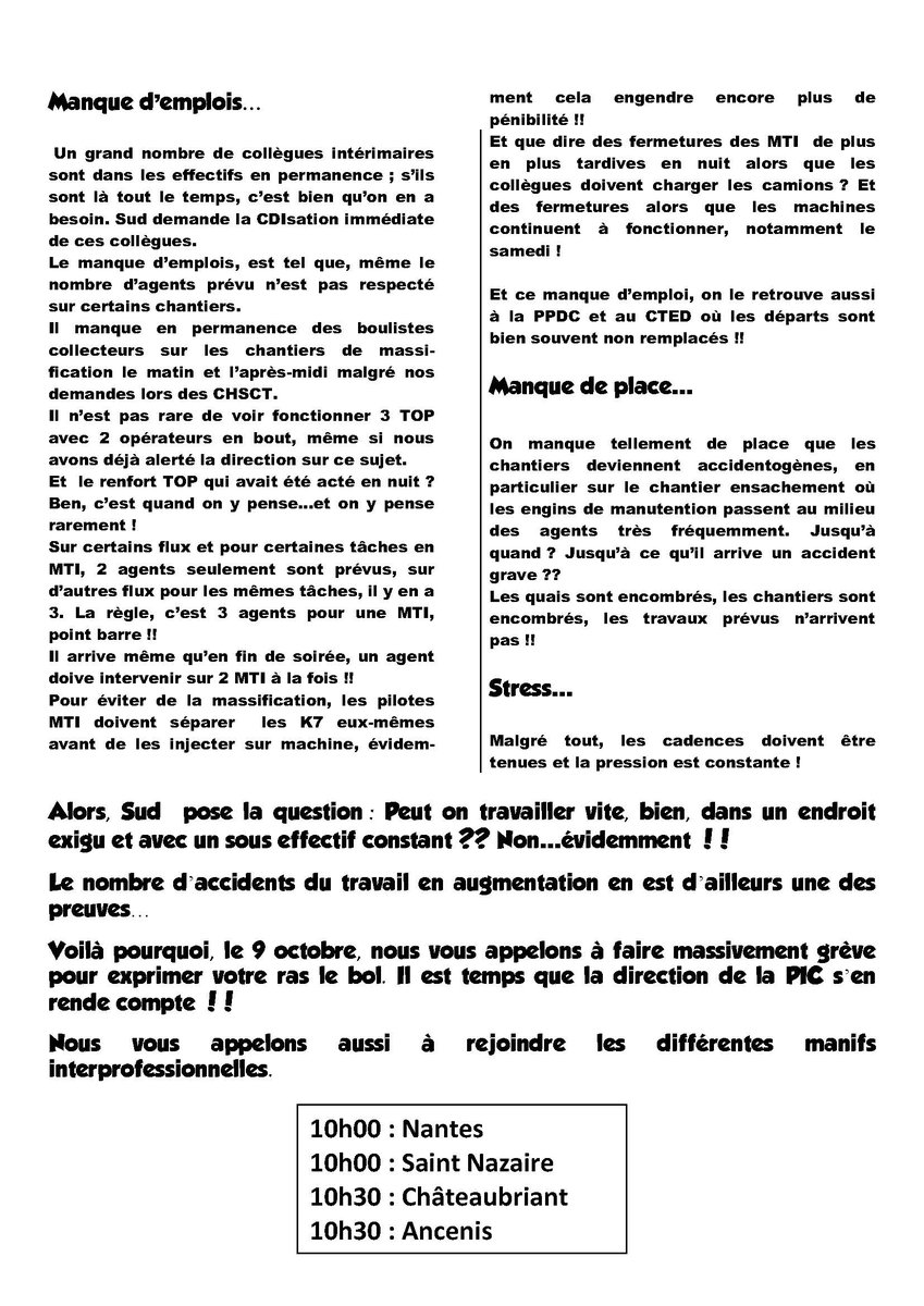 sudptt4485's tweet photo. #LaPoste #PIC de Nantes, le #9octobre en #grève et dans la rue !!!
Un préavis local a été déposé et un tract local est en moment distribué aux collègues.
#PIC44 https://t.co/W7YoyA1OJ7