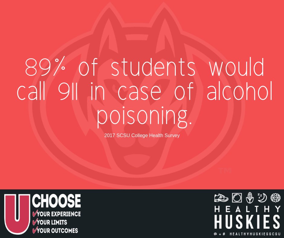 SCSUChoose's tweet photo. Huskies look after their pack! If you see someone experiencing alcohol poisoning (vomiting, confusion, and unconscious) make sure to call 911. #SCSUchoose #UrExperiences #UrOutcomes #UrLimits https://t.co/vpHdHYKNBu