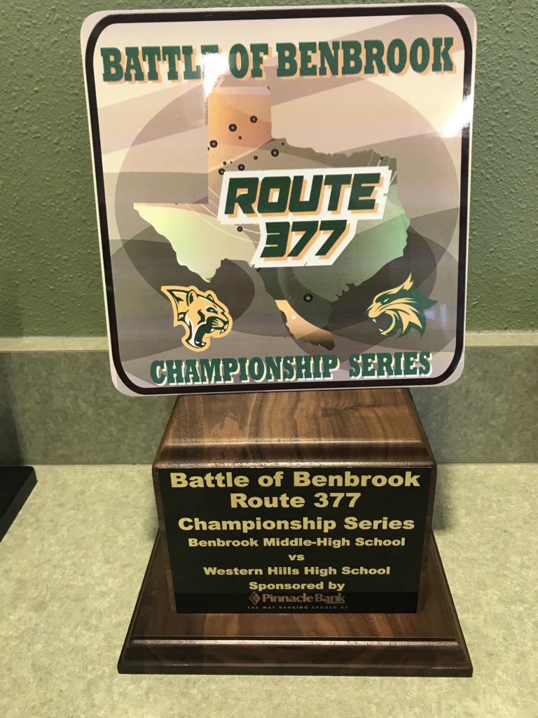 Just saw this on our campus! Way to go <a href="/BenbrookBobcats/">Bobcat Athletics</a> football and <a href="/benbrook_vb/">Lady Cat Volleyball</a> for bringing the hardware home on Friday night! Can’t wait to defend the trophy in the spring against <a href="/WHHSCougars/">WHHS Baseball</a> #BattleofBenbrook