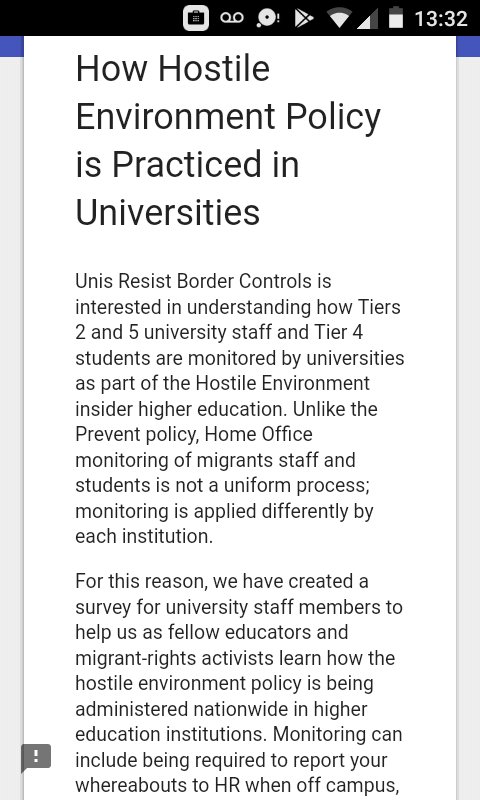 📅Lecturers, Researchers, PhD students &amp; Uni Staff: You have until MONDAY 29 OCTOBER 2018 to fill out our survey on how the #HostileEnvironment is practiced at your institution. Findings will be published in <a href="/guardian/">The Guardian</a>. 

Survey: docs.google.com/forms/d/17uOdK…

<a href="/UCU_RankFile/">UCU Rank & File (Revolt)</a> <a href="/USSbriefs/">USSbriefs</a>