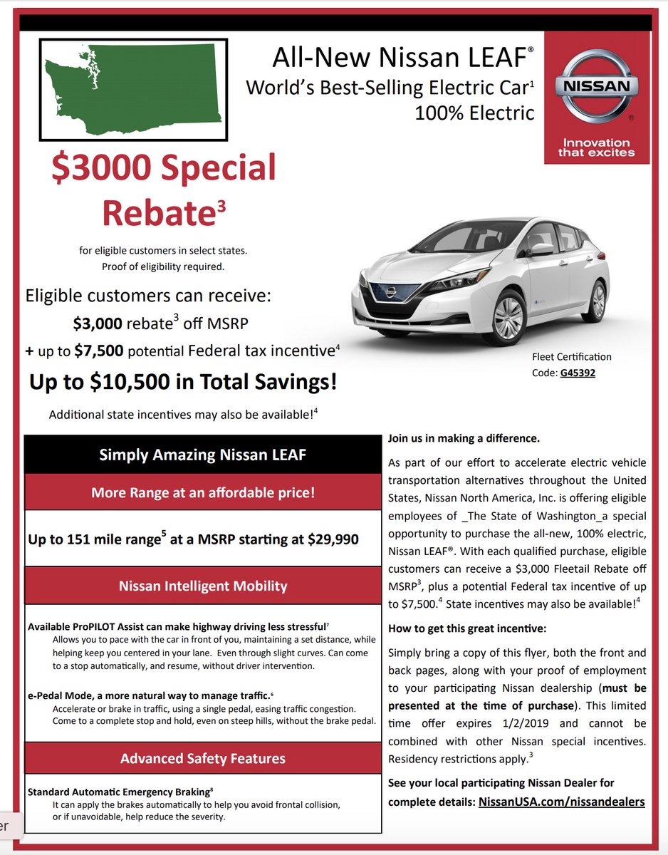 ForthMobility's tweet image. Are you in the market for an #ElectricCar? Are you a #WA state employees? Then you a luck! State employees are now eligible for a $3000 Special Rebate on the purchase of a 2018 Nissan Leaf. The discount program begins October 1 and ends January 2, 2019. 
ow.ly/HqXI50jiSJ7