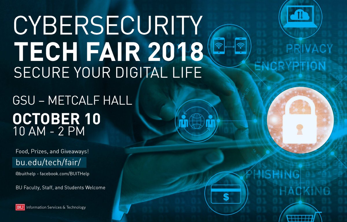 buithelp's tweet photo. Join us for #BUTechFair 10/10 @ 10-2 in the GSU! 
Learn how to secure your digital life - attend talks, ask questions, get information, and enter to win prizes! All BU fac/staff/students are encouraged to attend the event! https://t.co/WkfOnI0srD https://t.co/b9pXcqGxcw