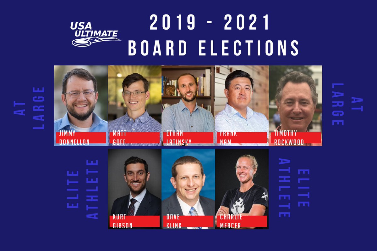USAUltimate's tweet photo. Election season is upon us! It’s time to meet and learn more about the candidates running for seats on the 2019-21 board of directors: https://t.co/3D1AAROMap. #USAUltimte https://t.co/QJs3Vw0uHP
