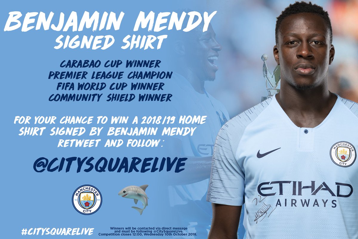 WIN a 2018/19 home shirt signed by <a href="/benmendy23/">Benjamin Mendy</a>! 👕🦈 
Retweet and Follow @CitySquareLive for your chance to win the shirt signed by Mr. #SharkTeam himself... #CitySquareLive #ManCity