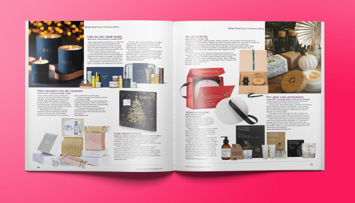 bskydstudio's tweet photo. Did someone say #Christmas - designed by @bskydstudio the latest issue of @eurospamag has the perfect #christmasgifts from top #spabrands including #caudalie #aromatherapyassociates #elemis #espa #thalgo #babor #Gaia #elementalherbology #Decleor https://t.co/EYvQZI6GZw