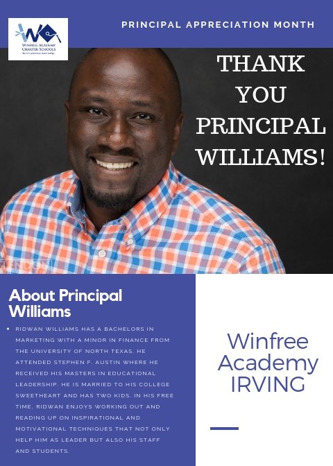 winfreeacademy's tweet photo. One of our favorite things to celebrate in October is Principal Appreciation Month.  Starting us off this year is Winfree Irving's own, Principal Williams. https://t.co/r3Icw3nPtb