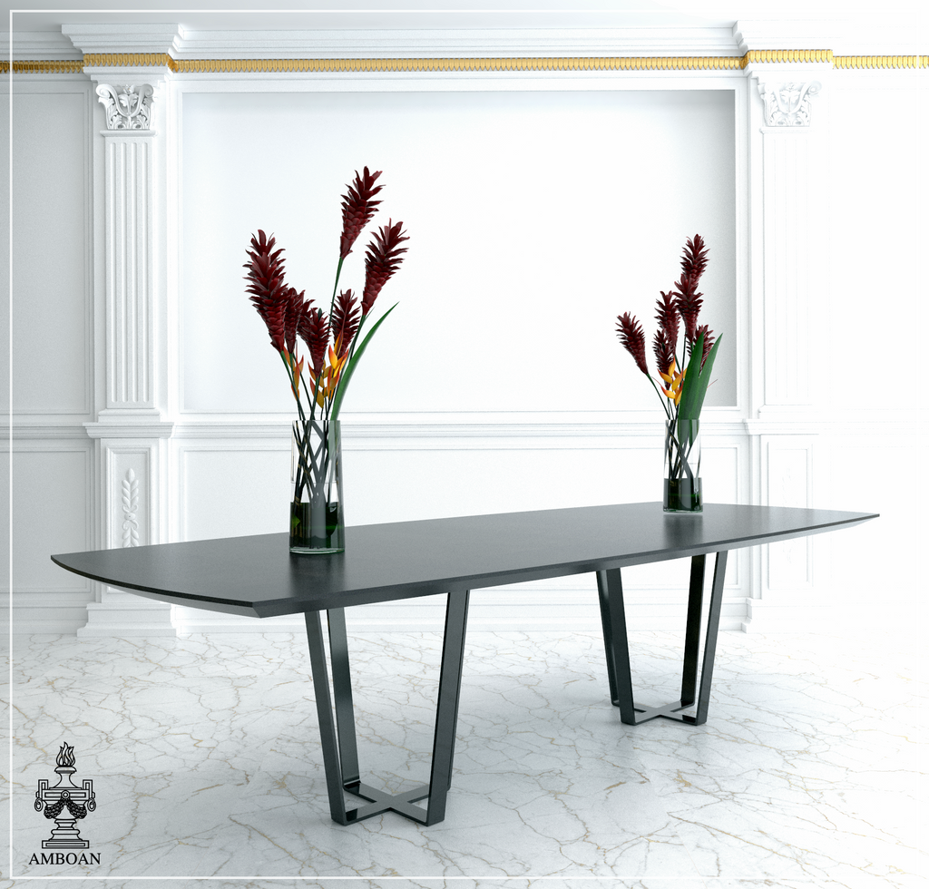 Amboan's tweet photo. “Black-and-white always looks modern, whatever that word means.” - Karl Lagerfeld
This colour combination survived for centuries. Elegant table #Trazo en acabado Bourmaple Gloss and Graphite legs. 
#luxuryfurniture
#3D
#render https://t.co/Xos5Orx4Wz