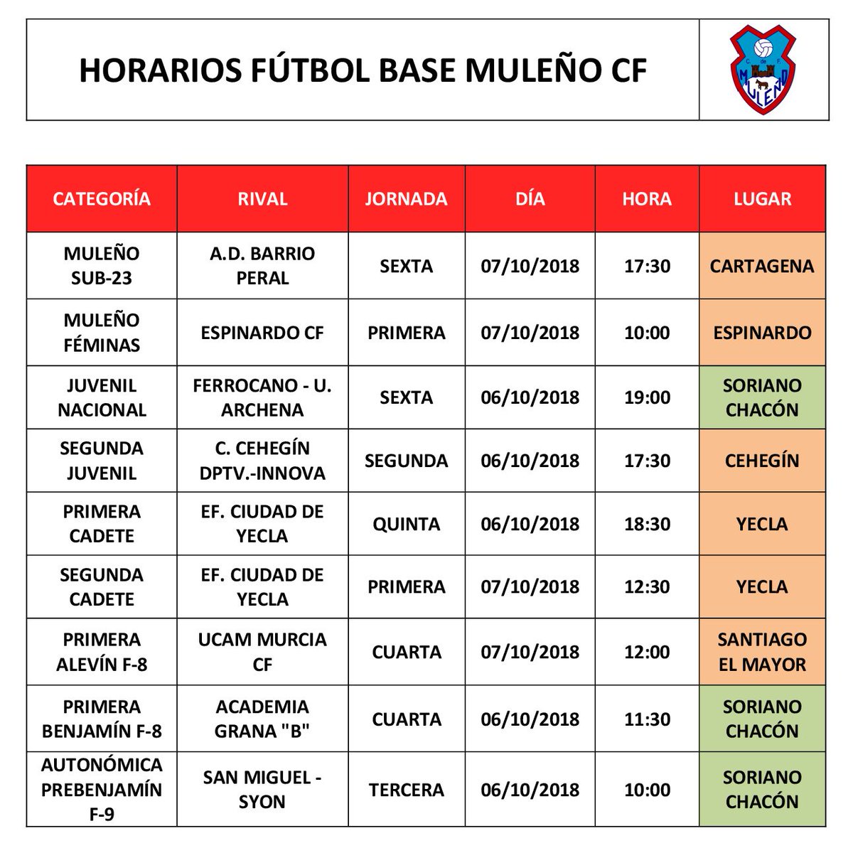 HORARIOS FÚTBOL BASE MULEÑO CF 🔴⚪