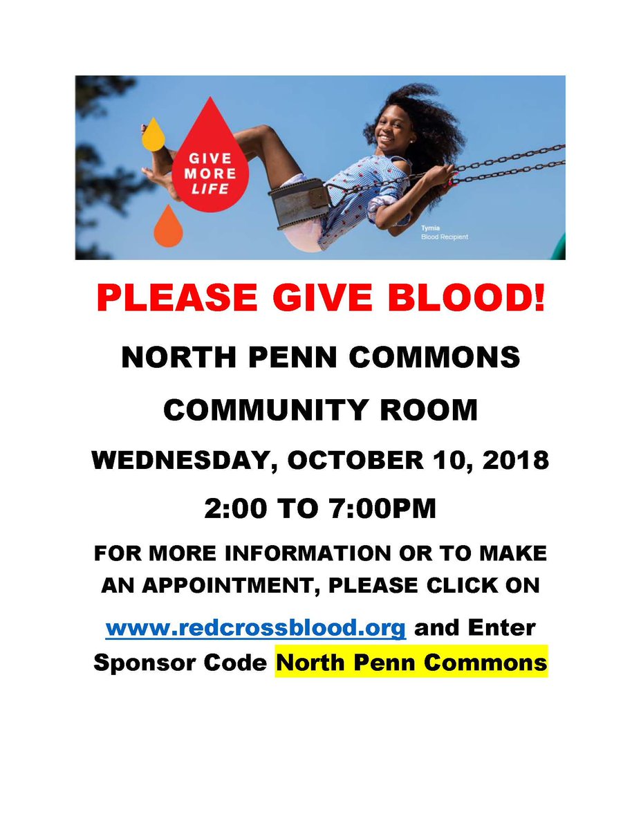 CommonsPenn's tweet photo. We are having a blood drive next week. Sign up TODAY! #northpenncommons https://t.co/EzyBxwN0my