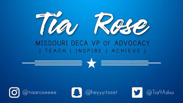 Tia4Advo's tweet photo. Hey everyone! My name is Tia Rose. I am so excited to announce that I will be running for Missouri DECA VP of Advocacy at FLC on October 14-15 at Lake of the Ozarks. I hope you will support me and choose to Teach, Inspire, &amp; Achieve with Tia for Advocacy! #TeachInspireAchieve https://t.co/H4F8LuZOun