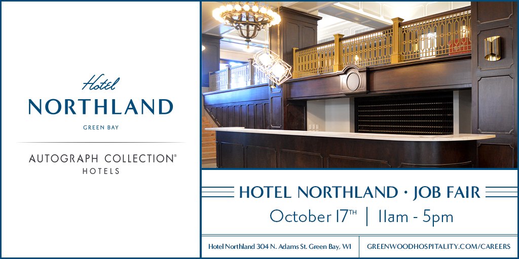 Join us for a job fair on Wednesday, October 17th from 11:00-5:00 right at Hotel Northland! We are still looking to fill a variety of positions ranging from guest services, front desk, security, housekeeping, restaurant manager, sous chef, and maintenance engineer.