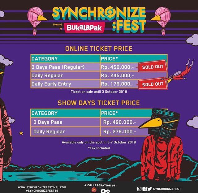 [PERHATIAN] perubahan skema sistem tiket Synchronize Fest:
• Penjualan tiket online akan ditutup pada 3 Oktober 2018 pukul 23:59 WIB
• Penjualan tiket Show Days (5-7 Oktober 2018) melalui online DITIADAKAN
• Tiket Show Days hanya tersedia ON THE SPOT mulai pukul 11.00 WIB