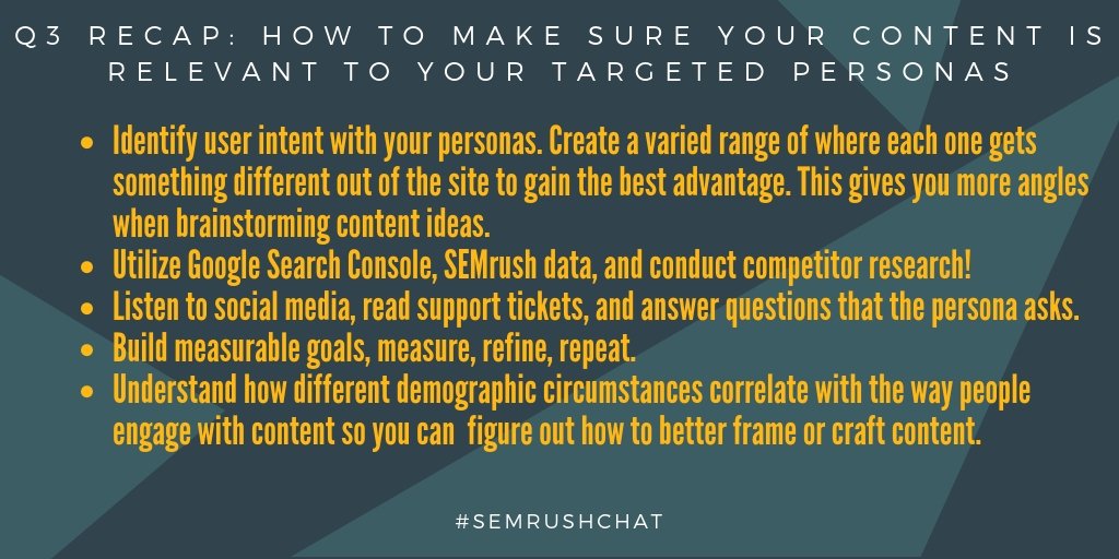semrush's tweet photo. Q3. RECAP: @simoncox says: As we develop content we think about the target users and how the personas will react to it. Will it interest one of them in particular - hopefully the one that is our main target market. #SEMrushchat https://t.co/Fh6M1vyWOS