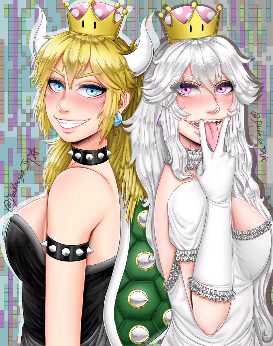 DarknessaJM's tweet photo. Por fin he terminado a #bowsette y a #boosette xD espero que os guste :3 a mi me encantó Bowsette desde que la ví en la viñeta y en un meme xD también me gusta Boosette. Y Chompette aunque no la haya dibujado. @ayyk92 creó a Bowsette. #art #digital #digitalart #raphaelajm https://t.co/JTxN5i1HZB