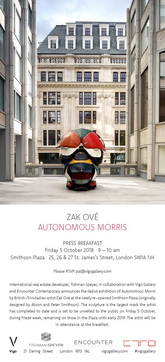 Preview of Zak Ové's 'Autonomous Morris' this Friday 5th October 9am - 10am @ the Smithson Plaza, Green Park. To RSVP please contact pal@vigogallery.com or confirm here eventbrite.com/e/zak-ove-auto…
Smithson Plaza, 25, 26 &amp; 27 St. James’s Street, London SW1A 1HJ
#vigogallery #zakove