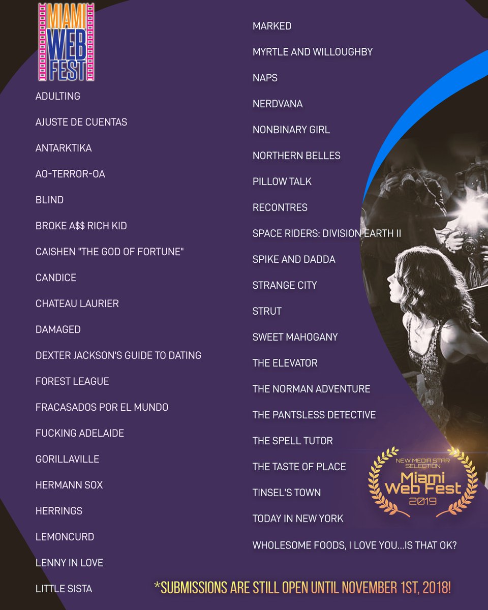 MiamiWebFest's tweet photo. Congratulations to our first round of selections!! Note: More names will be added after November 1st, when submissions close!  For those who made the list....SEE YOU IN MIAMI!! 
https://t.co/hgqsadVR7M https://t.co/6NBmITSQ5U
