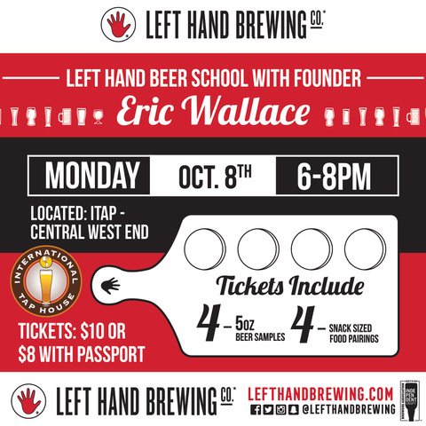 lefthandkeeley's tweet photo. Oct 8, come out for a very special @ITAPCWE Beer School featuring @LeftHandBrewing founder Eric Wallace. Great beers (including 25th Anniversary Imperial Stout!), snack pairings, and 25 years of stories all included! #pourhard #indepedent #thisisworkforme #stlcraftbeer #lefthand https://t.co/E78DswiFqR