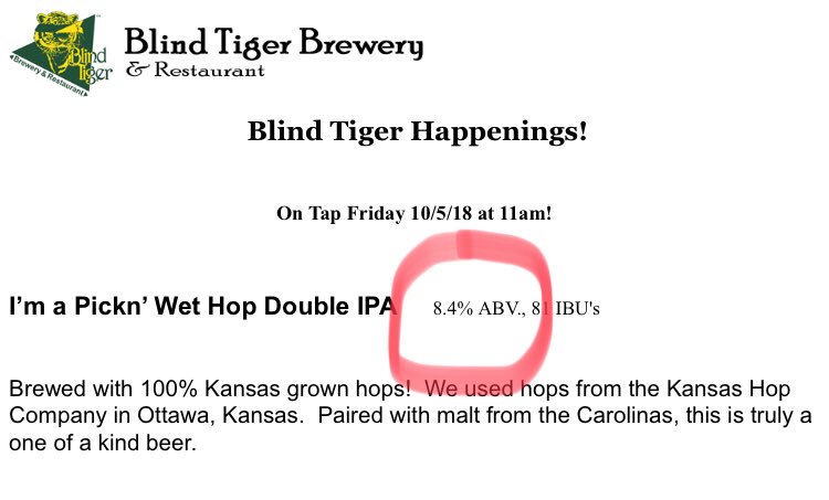 KansasHopCo's tweet photo. Top City!!! Head over to @blindtigerbrew tomorrow to try their new wet hopped DIPA! πΊπΊπΊ #eightpointfour #lightsout #kshopco #hoplocal https://t.co/0ycGT3j7C0