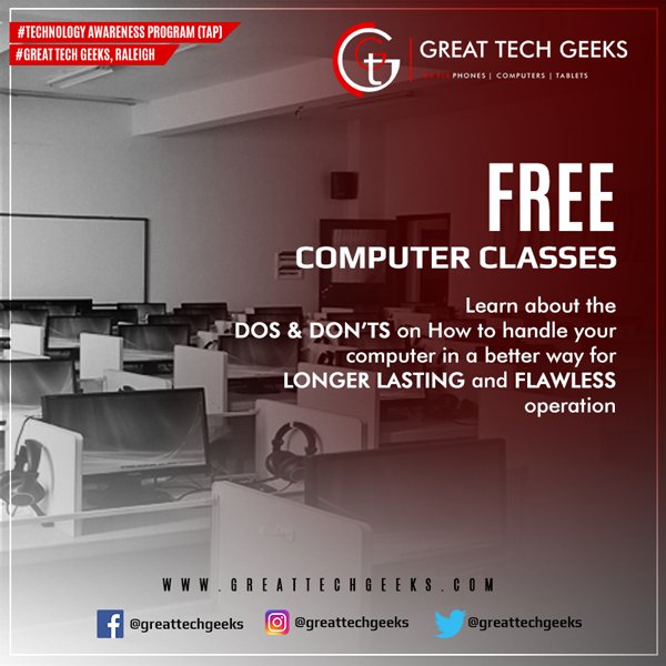 #FreeComputerClasses
#TechnologyAwarenessProgram
#ComputerLearning
Learn about the Dos & Don’ts on How to handle your computer in a better way for longer lasting and flawless operations.
#GreatTechGeeks
#WeFix #Phones #Computers #Tablets