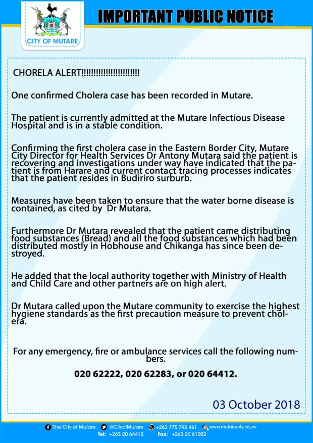 CHOLERA ALERT!
One confirmed case of Cholera has been recorded in Mutare.
2000 -2030hrs on Mutare Yedu, @HardyZuweni speaks to @CityofMutare Director of Health Dr Antony Mutara about the cholera situation in our city.
Council will also address the perrenial water crisis.