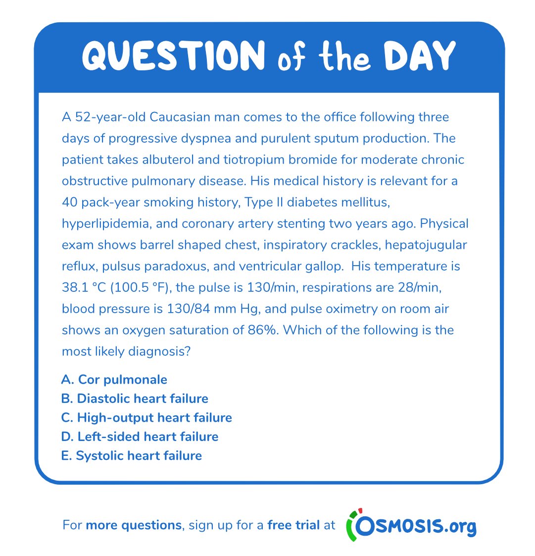 OsmosisMed's tweet photo. #QuestionOfTheDay Come back at 3 P.M. EST for the correct answer! Get one year of Osmosis Prime for $159 or two years for $239 at https://t.co/u61jFpXnok and experience success from day one. #osmosis #boardsreview #osmosis #FOAMEd #learnmedicine #medschool #mcq https://t.co/B1Zx0uzoP6