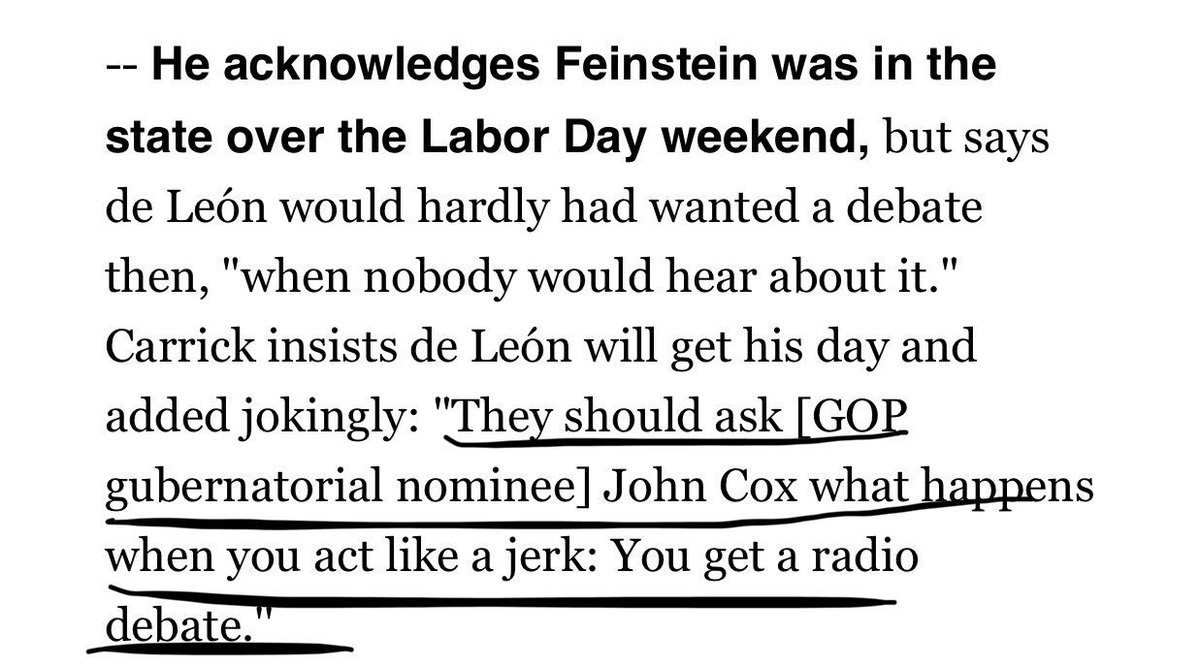 junderland's tweet photo. .@kdeleon didn’t get into this race to play polite for people like Bill Carrick. If @SenFeinstein won’t debate on TV - that hurts CA voters, not de León.
Also, are we name-calling now? Is that fair game? Asking for a friend. #CAsen https://t.co/xBQP5fQNgq