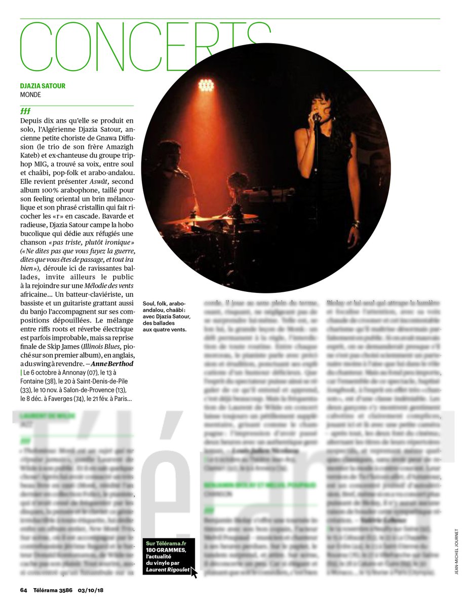 <a href="/DjaziaSatour/">Djazia Satour</a> dans <a href="/Telerama/">Télérama</a> ce jour ! 3 clés concerts ! #tanguyyouagency #daydreampromo
