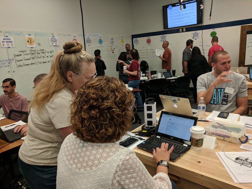 kat_goyette's tweet photo. Mathematics educators code and engage in computer science learning for #tularecoe @GoogleForEdu funded #CSDecoded program with instruction from @Bootstrapworld @edcampOSjr @mrspooleyo in our #makerspace. #googlecsedu #googlecspd #bootstrapcs #csforca #csforcv #cvtechtalk https://t.co/rlpA0BMpmq