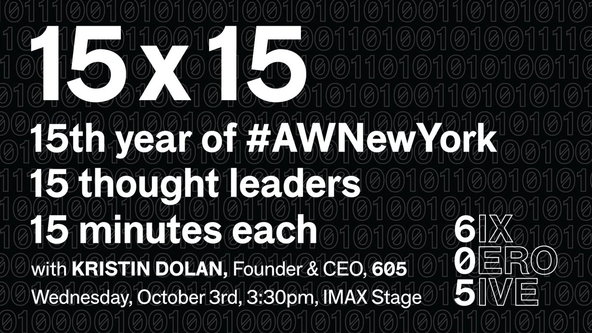 605Data's tweet photo. It's @advertisingweek's 15th year! Proud to be part of the celebration - with Kristin Dolan highlighting #605data's founding at their 15 x 15 event on the @IMAX Stage! More info: https://t.co/8I85WVaIRG #AWNewYork https://t.co/Z8RbJkXkLS