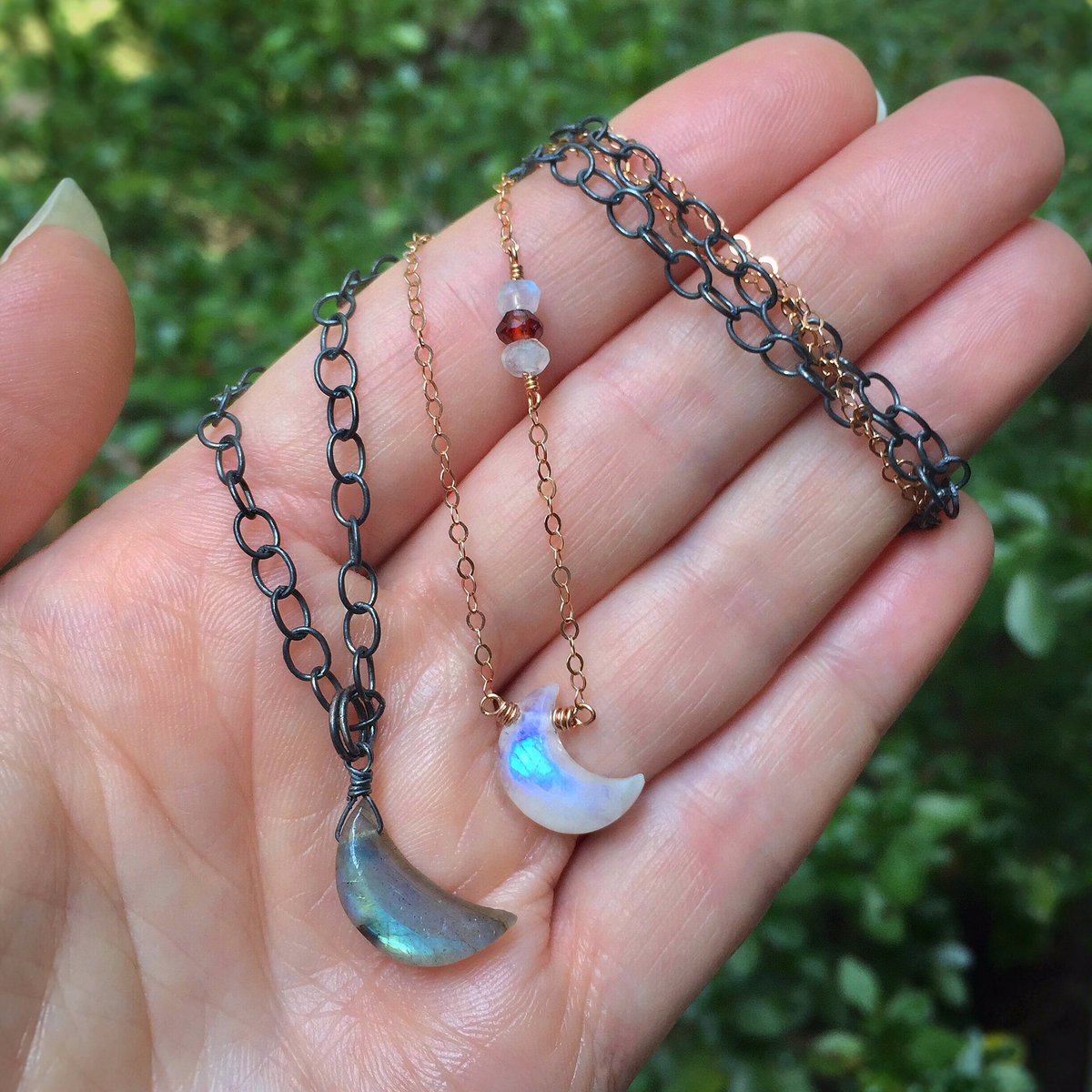 ZoeBirdDesigns's tweet photo. His and hers crescent #moon necklaces headed off to Japan to a sweet military couple stationed there. Can you believe the blue flash in that #moonstone?!! #celestialjewelry https://t.co/lgkdtnUoru