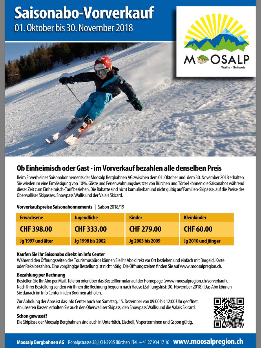 Moosalpregion's tweet photo. Beim Erwerb eines #Saisonabonnements der #Moosalp #Bergbahnen AG zwischen dem 01. Oktober und dem 30. November 2018 erhalten Sie eine #Ermässigung von 10%. 

Ob Einheimisch oder Gast - im #Vorverkauf bezahlen alle denselben Preis. https://t.co/L4MF8fU81G