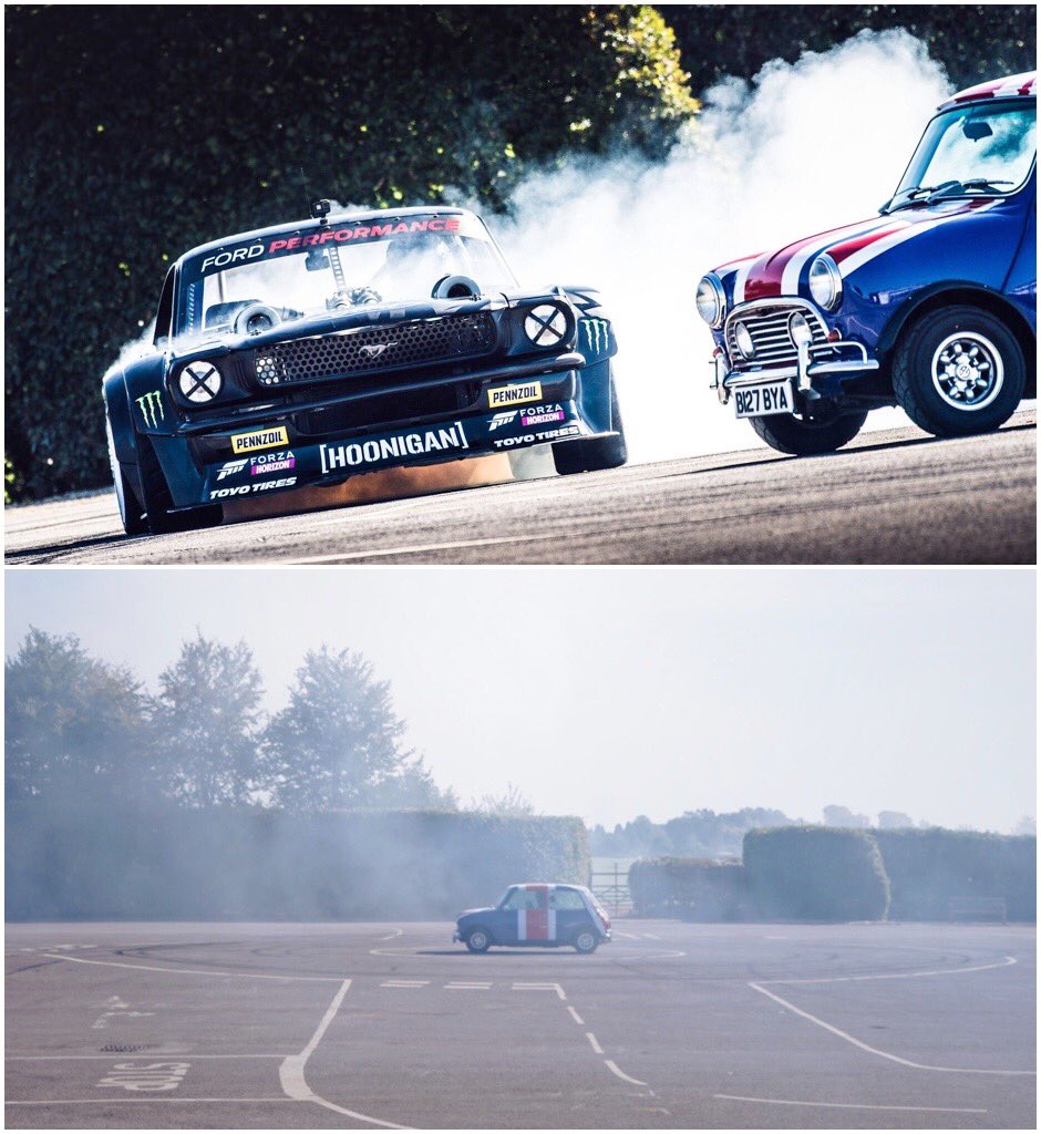 kblock43's tweet photo. To whomever actually owns this classic Mini (complete with Union Jack paint job!): sorry about completely smoking out your car while filming the #ForzaHorizon4 launch video last week over in in Britian at the Goodwood Estate. Link to full video: https://t.co/QlPu9hhtw3 https://t.co/tyaJGVqMOt