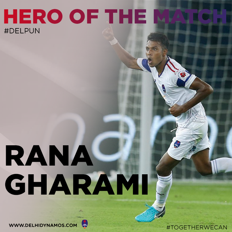 DelhiDynamos's tweet photo. A wonder strike ensures Rana Gharami the the Hero of the Match Award. 

He also becomes the first Indian goalscorer of @IndSuperLeague Season 5.

#DELPUN #RoarWithTheLions #TogetherWeCan https://t.co/wkpim2HyIM