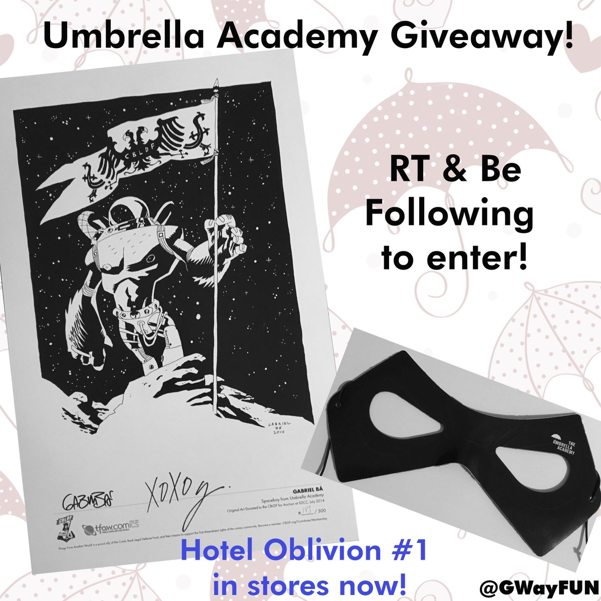 GWayFUN's tweet photo. 🎉GIVEAWAY!🎉

To celebrate the release of Umbrella Academy Hotel Oblivion #1 today we're giving away this rare print by @Gabriel_Ba. Signed by Gabriel Ba &amp; Gerard Way!

RT &amp; be following to enter!

Deadline to enter: Oct. 27th, 2018!

Giveaway is international!

Have FUN! https://t.co/HysUBei0fs
