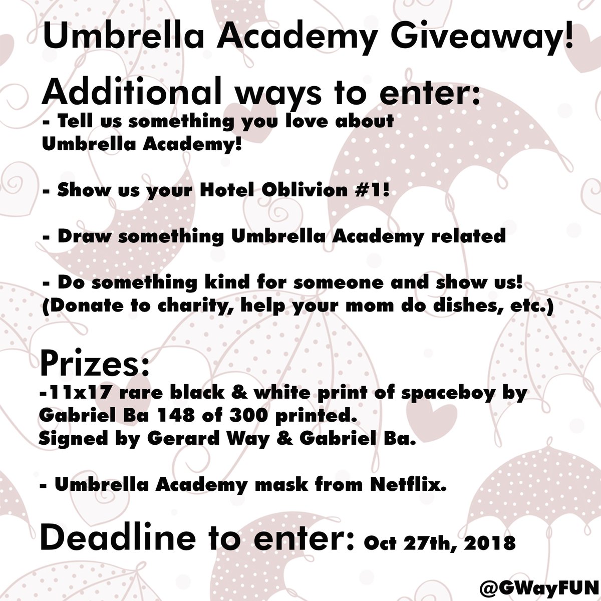 GWayFUN's tweet photo. 🎉GIVEAWAY!🎉

To celebrate the release of Umbrella Academy Hotel Oblivion #1 today we're giving away this rare print by @Gabriel_Ba. Signed by Gabriel Ba &amp; Gerard Way!

RT &amp; be following to enter!

Deadline to enter: Oct. 27th, 2018!

Giveaway is international!

Have FUN! https://t.co/HysUBei0fs