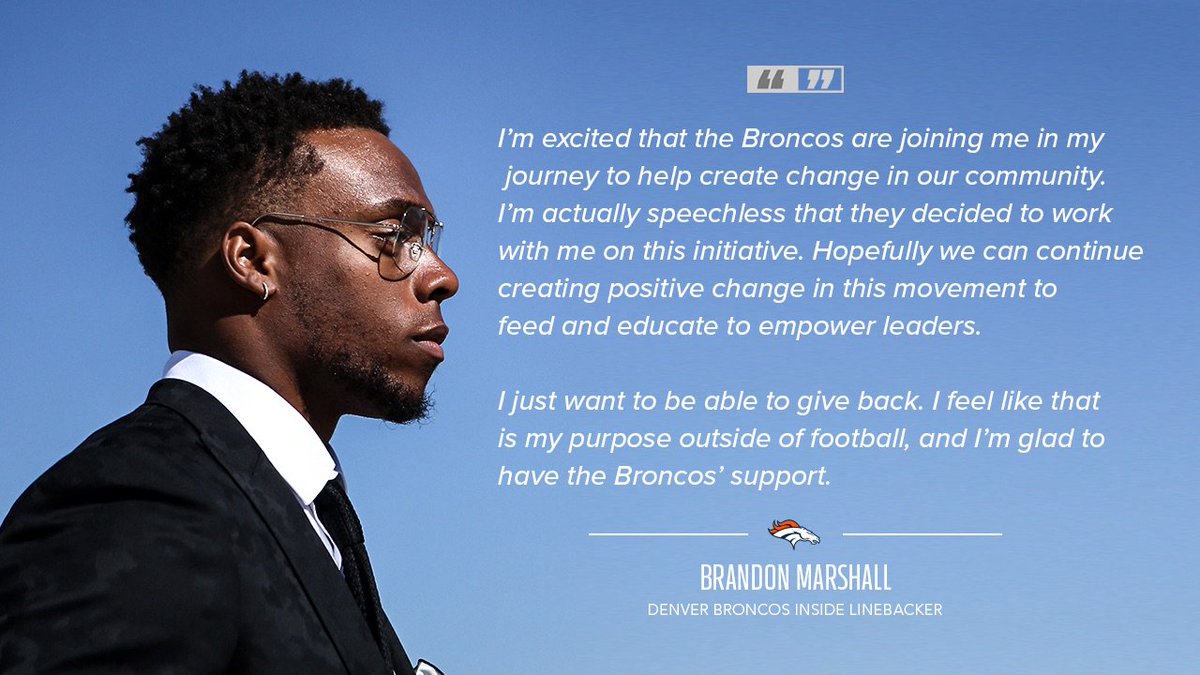 Broncos's tweet photo. We're joining LB @BMarshh in donating $50,000 to launch the FEEL (Feed &amp; Educate to Empower Leaders) Movement in Denver.

📰 » https://t.co/5eoX7KVFOm https://t.co/GXTQRH8jiC