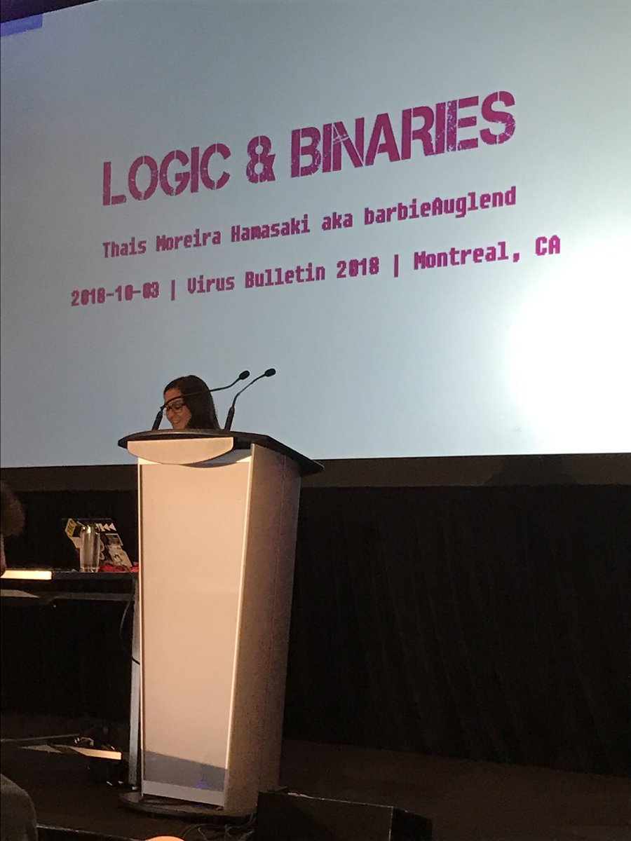 maddiestone's tweet image. .@barbieauglend takes the stage at #VB2018 to discuss how to analyze malware using SMT solvers!