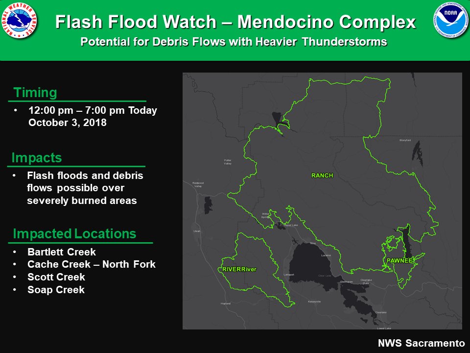 NWSSacramento's tweet photo. A Flash Flood Watch has been issued for the #MendocinoComplex & #DonnellFire this afternoon and evening. Thunderstorms may cause flash flooding and debris flows within those burn scars. #cawx https://t.co/NKyGhwhvt2