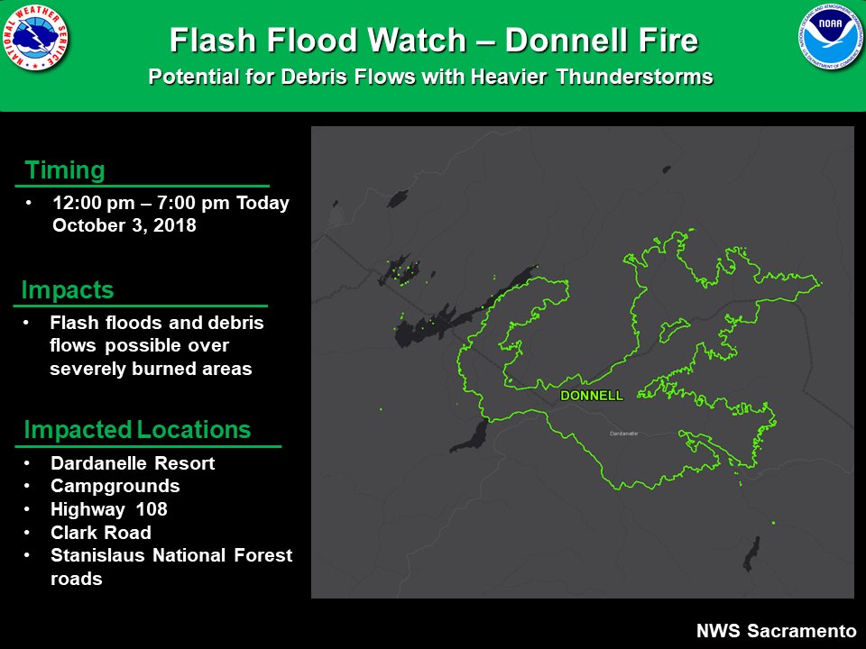 NWSSacramento's tweet photo. A Flash Flood Watch has been issued for the #MendocinoComplex & #DonnellFire this afternoon and evening. Thunderstorms may cause flash flooding and debris flows within those burn scars. #cawx https://t.co/NKyGhwhvt2