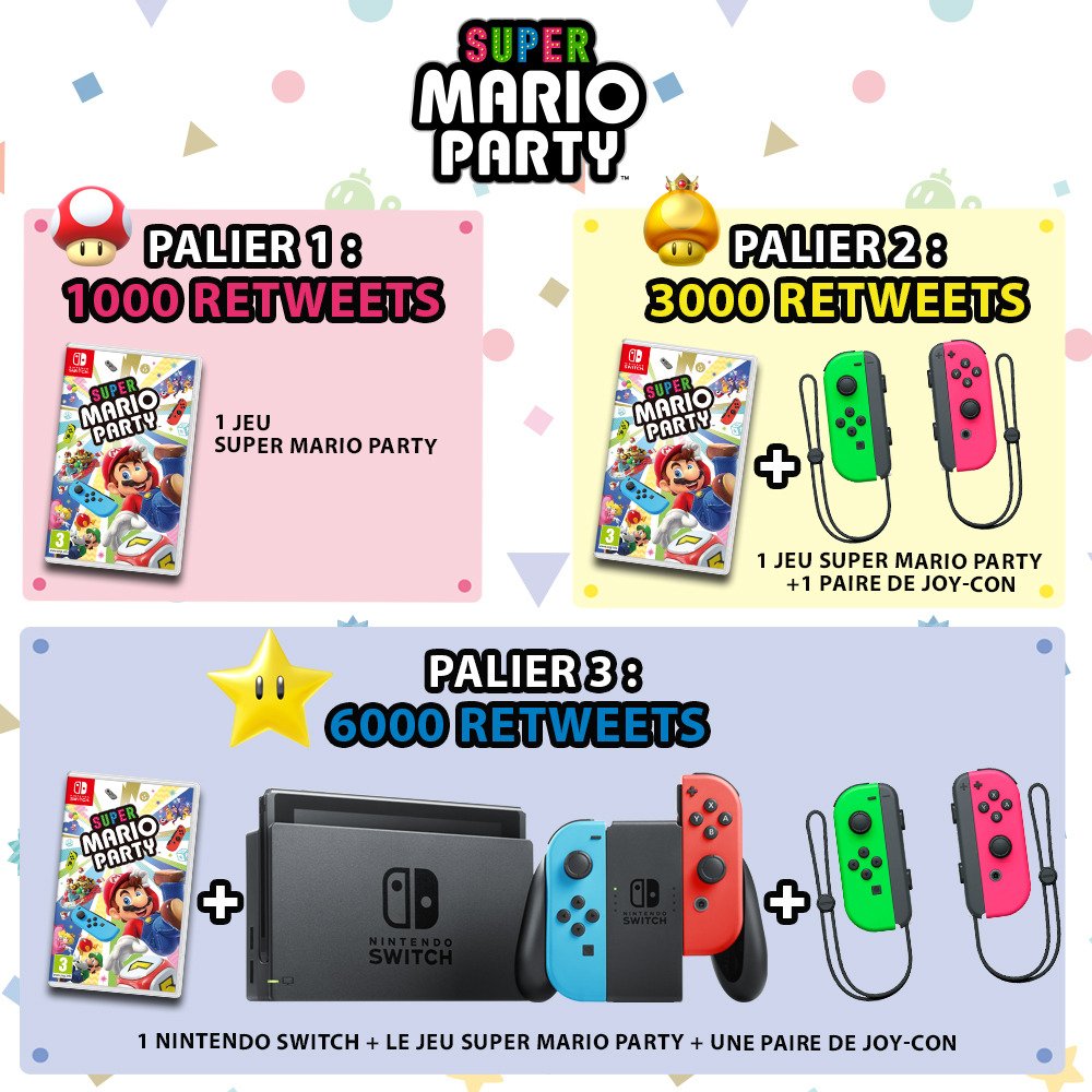 NintendoFrance's tweet image. [CONCOURS 🎁] Plus vous retweetez, plus le lot grossit !
✅ 1000 RT : 1 jeu Super #MarioParty à gagner
✅ 3000 RT : 1 jeu Super #MarioParty + 1 paire de Joy-Con 
✅ 6000 RT : 1 #NintendoSwitch + Joy-Con + jeu

Fin du concours : 7 octobre 23h59
Règlement : bit.ly/2xVniPd
