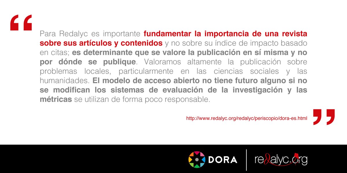 Redalyc's tweet photo. #RedalycApoyaDORA | Para https://t.co/pENWmZDAEO es importante fundamentar la importancia de una revista sobre sus artículos y contenidos y no sobre su índice de impacto basado en citas. 
.
.
Lee los principios de adhesión a la Declaración @DORAssessment https://t.co/n1L5pjrFYy https://t.co/xvQMFoaDwf