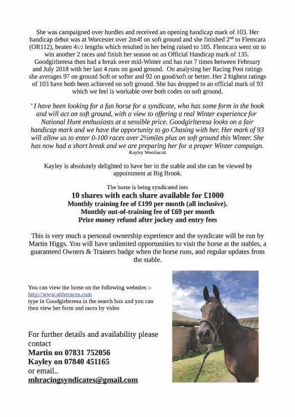 k_woollacott's tweet photo. So we have a limited number of shares left available in Goodgirlteresa... exciting prospect for chasing this season and lots of fun to be had.. She is now back in work after a nice break and will be ready to run in approximately 6 -8 weeks #GetInvolved https://t.co/Y3Wa9leF3K